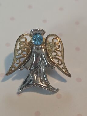 Gold & Silver Angel Pin with Blue Crystal Vintage